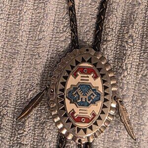 Vintage Metal Bolo Tie, Nice Silver and Red and Blue Crushed Turquoise Stones